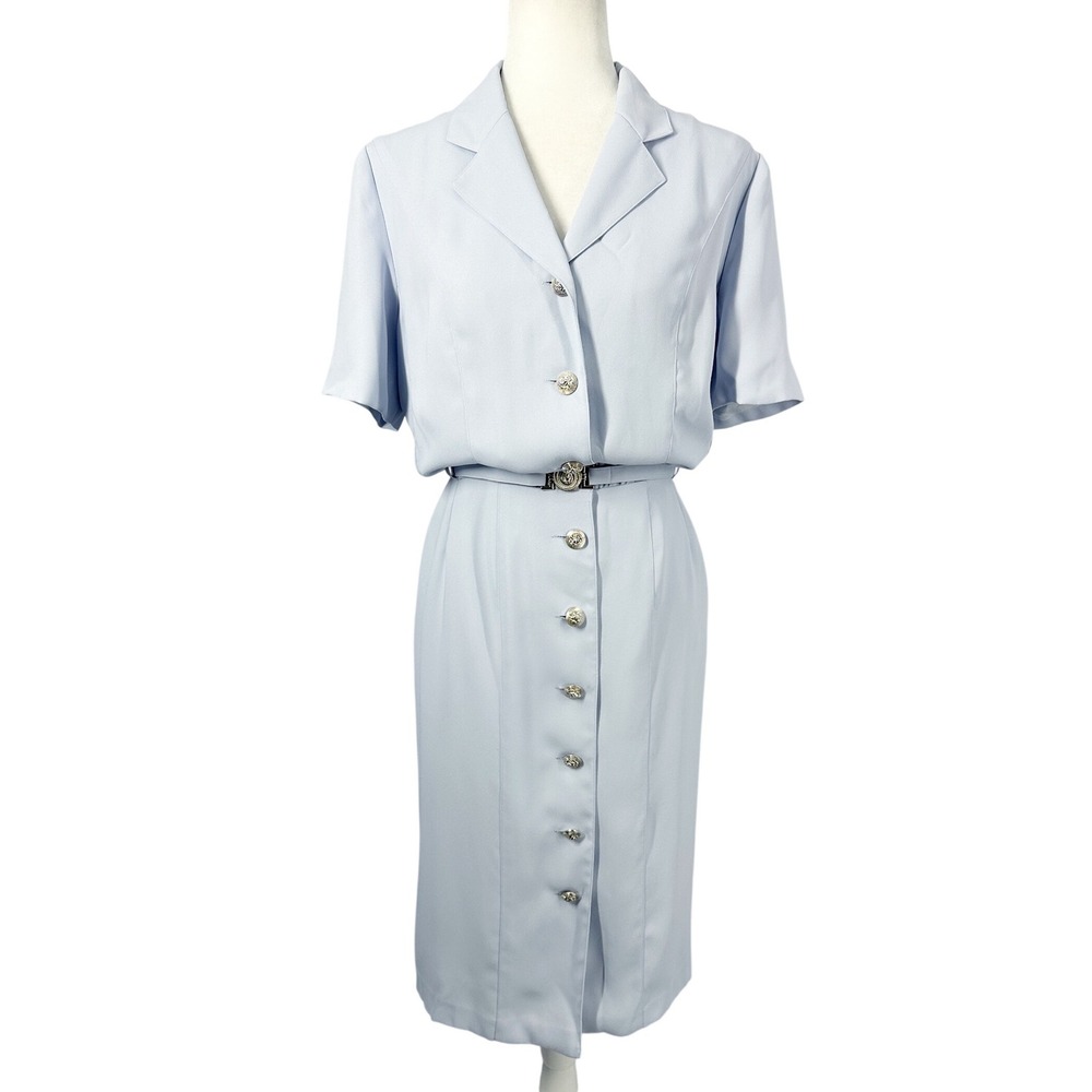 Vintage Together Lattice Back Short Sleeve Blue Button Front Dress Women Size 16